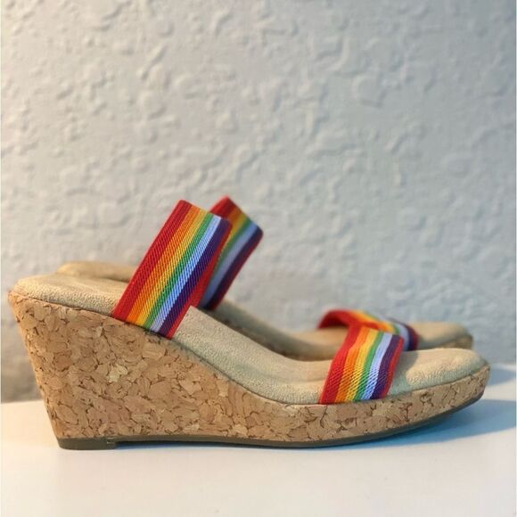 Apostrophe cork Wedge Sandals with Rainbow Elastic Straps Size 6M - Picture 1 of 10